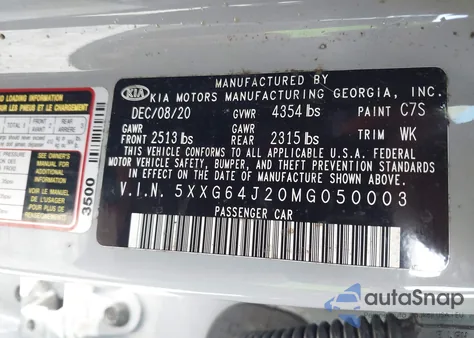 2021 Kia K5 Gt-Line z USA, uszkodzony, nr VIN 5XXG64J20MG050003